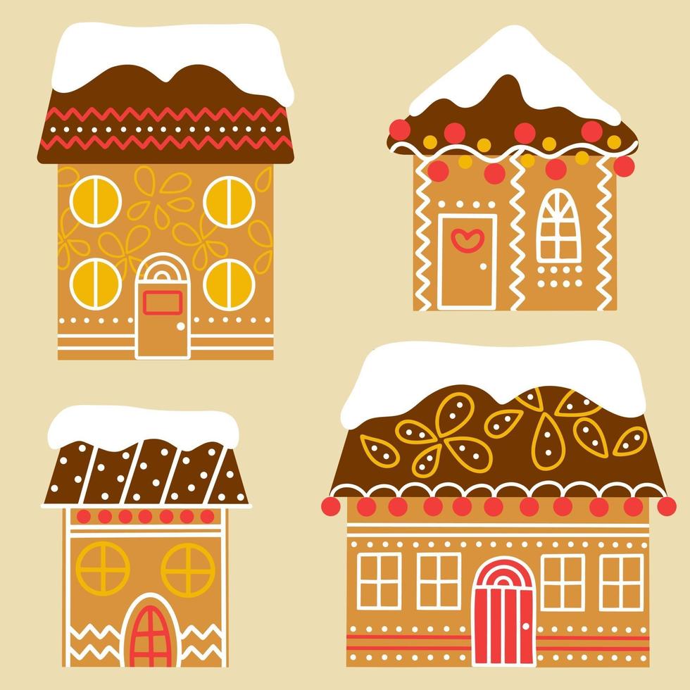 Set of Christmas gingerbread houses vector flat illustration