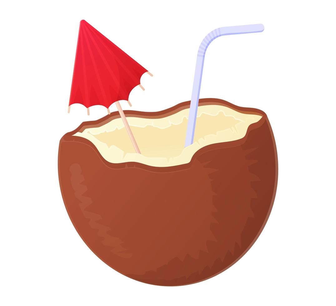 Coconut cocktail pina colada with straw and umbrella. vector
