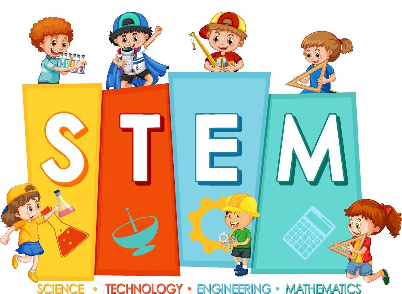 STEM education logo with many children on white background vector