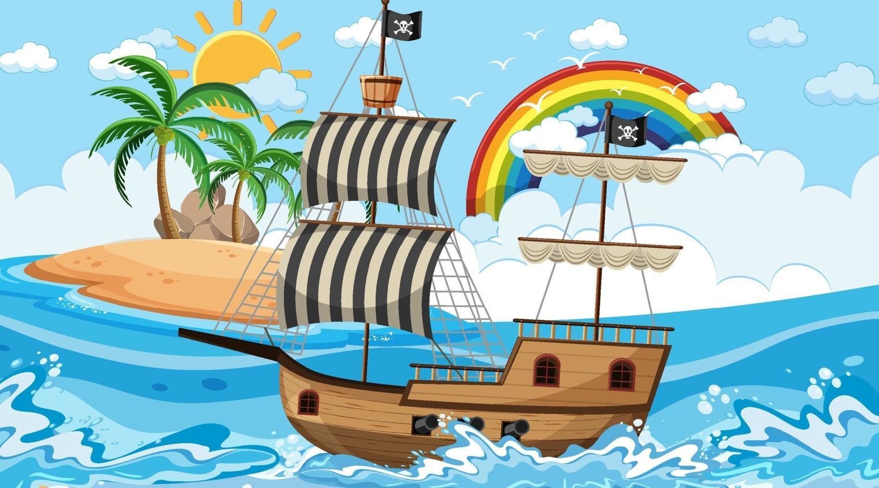 Ocean with Pirate ship at day time scene in cartoon style vector