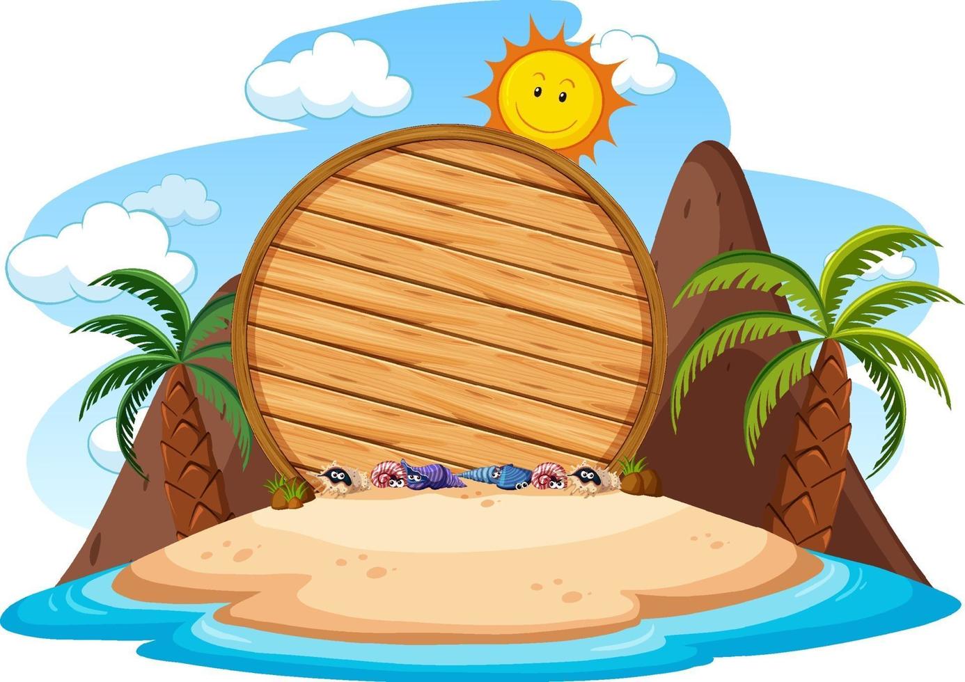 Empty wooden board on the island with many palm trees isolated vector