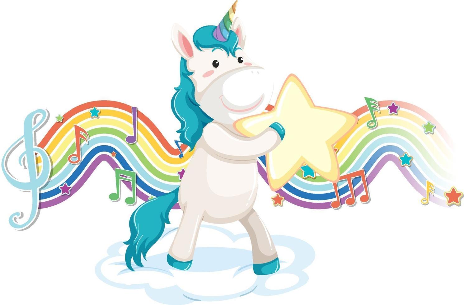 Unicorn standing on the cloud with melody symbols on rainbow wave vector