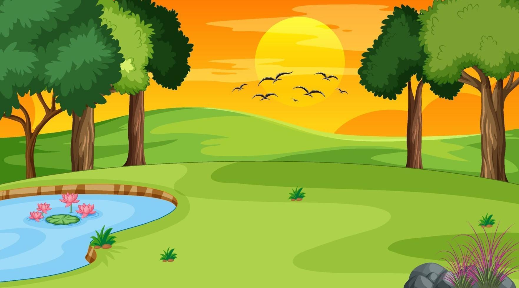 Landscape scene of forest with river and many trees vector