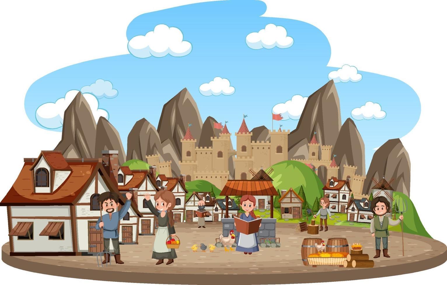 Medieval village with villagers on white background vector