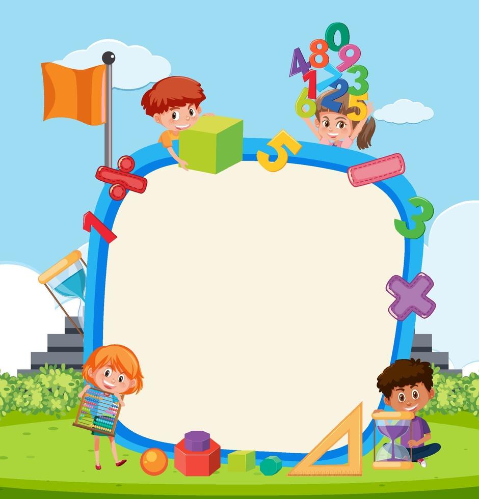 Empty board with school kids and math objects vector