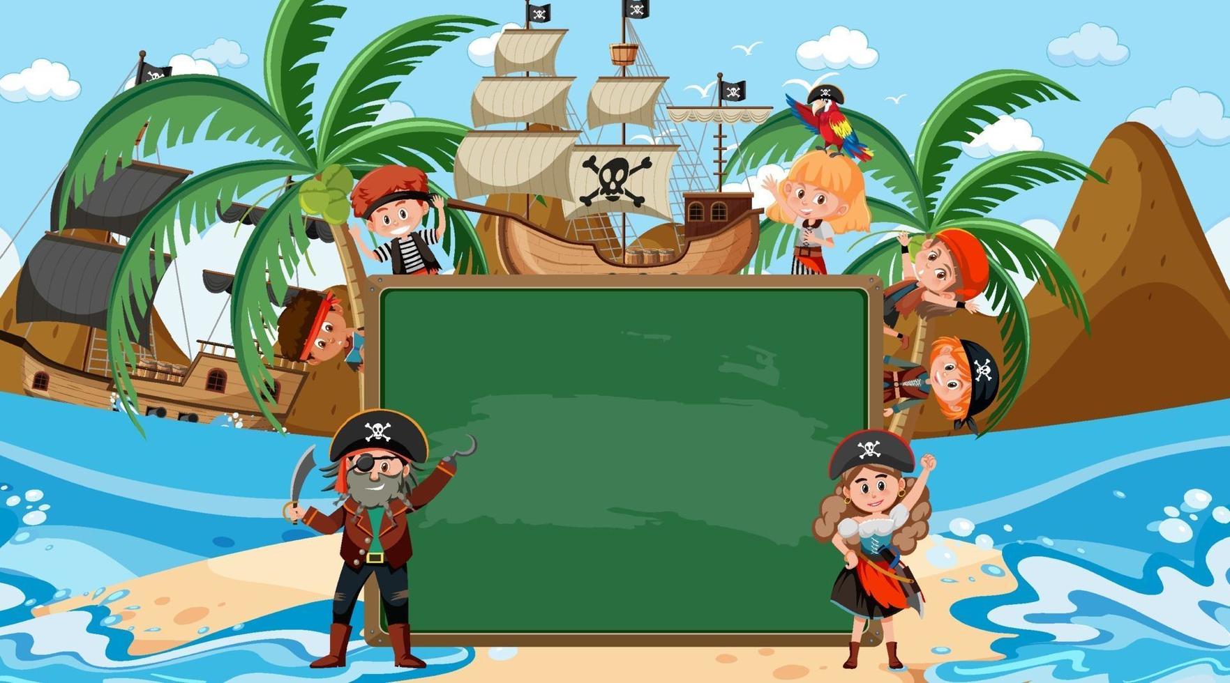 Pizarra vacía con muchos personajes de dibujos animados de niños piratas en la playa vector