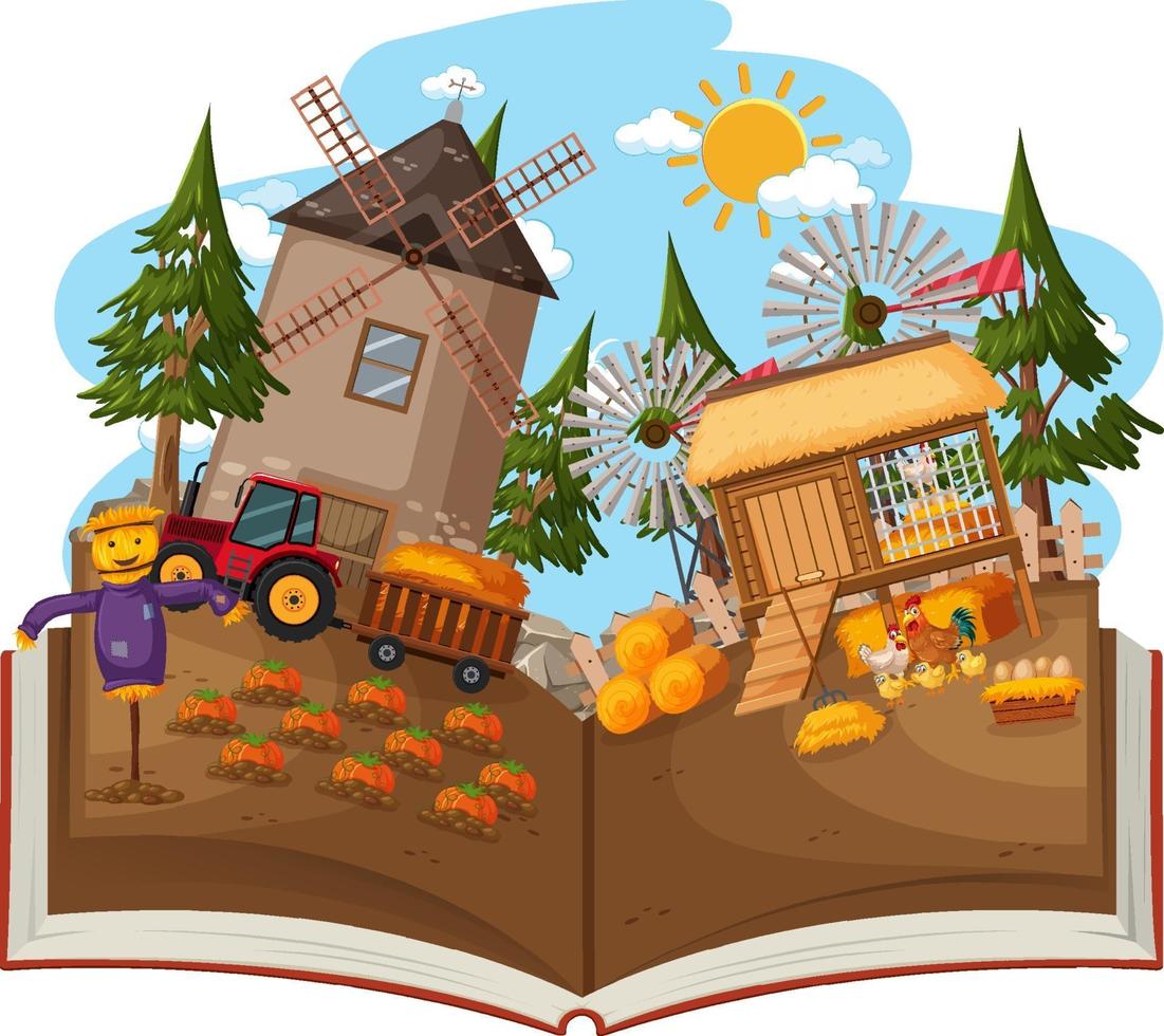 Open book with windmill in the farm scene vector