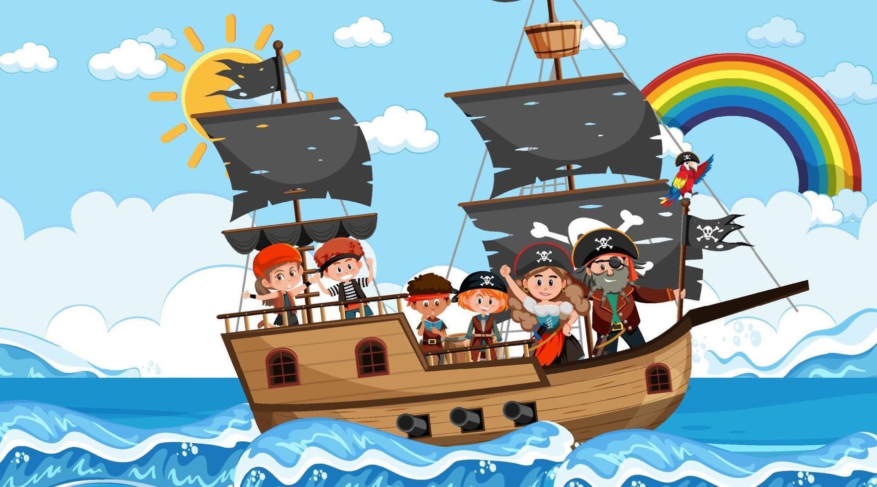 Escena del océano durante el día con niños piratas en el barco. vector