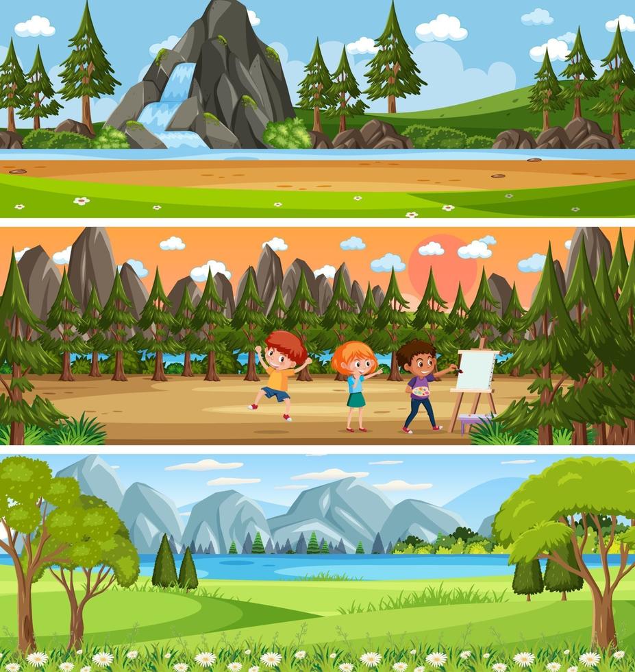 Outdoor panorama landscape scene set with cartoon character vector