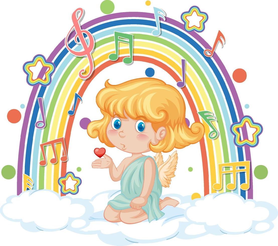 Cupido niña en la nube con símbolos de melodía en arco iris vector