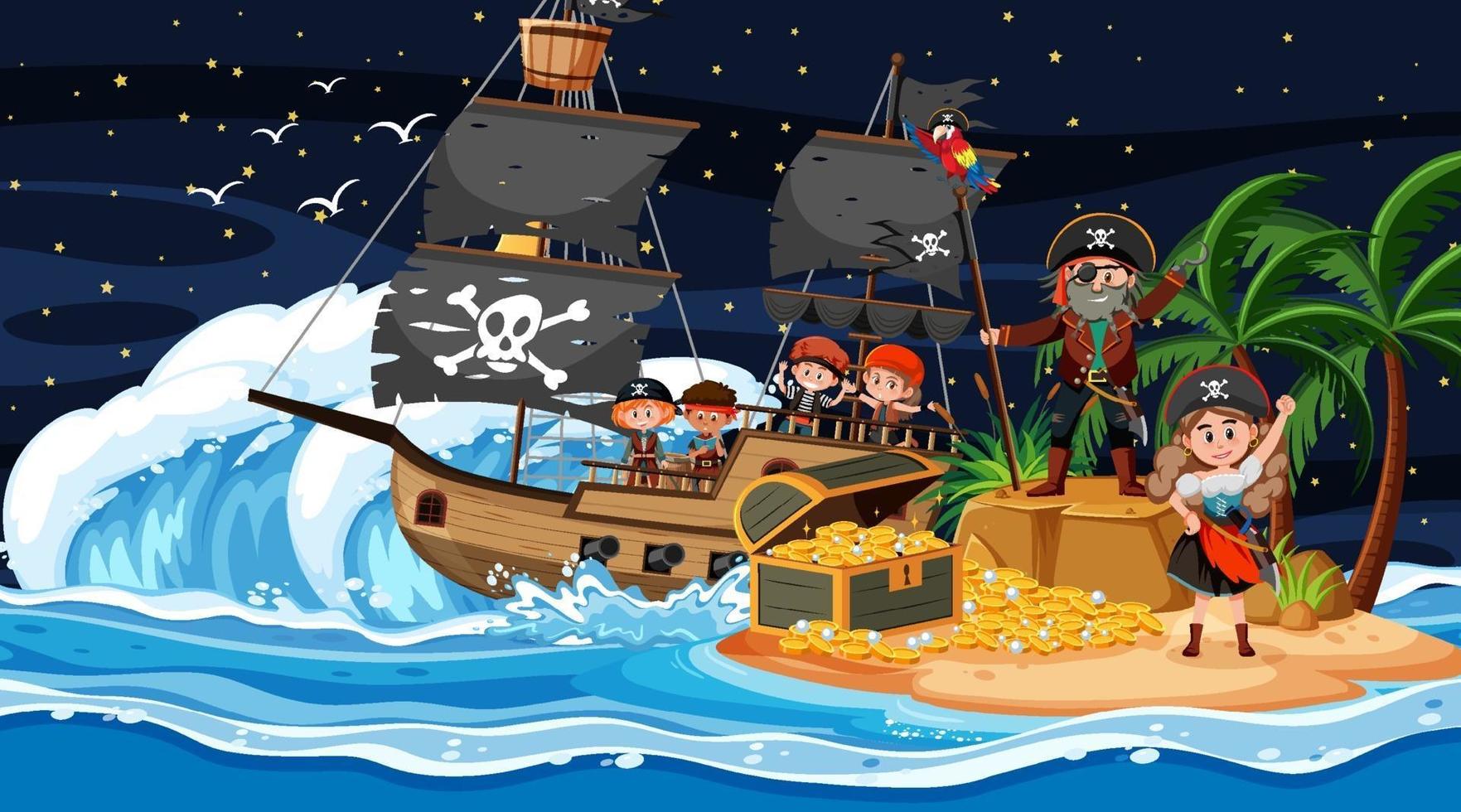 escena de la isla del tesoro en la noche con niños piratas en el barco vector