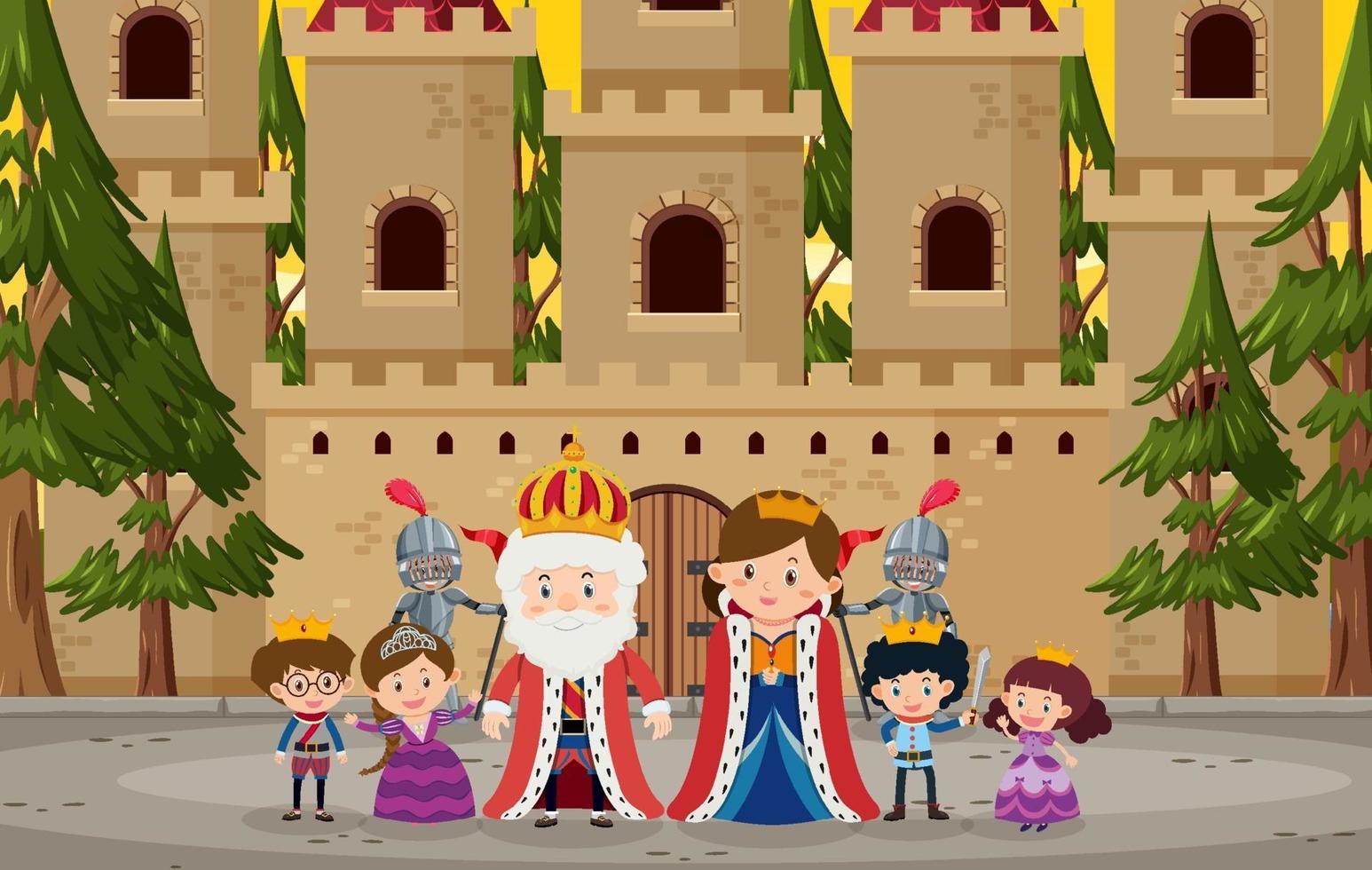 Happy royal family in front of castle vector