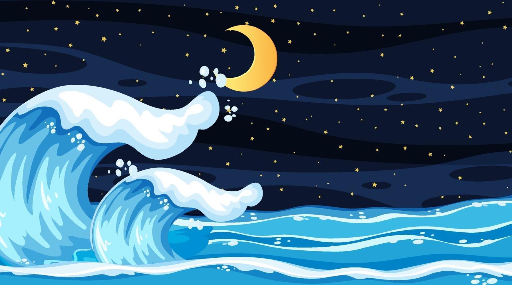 Beach landscape at night scene with ocean wave vector