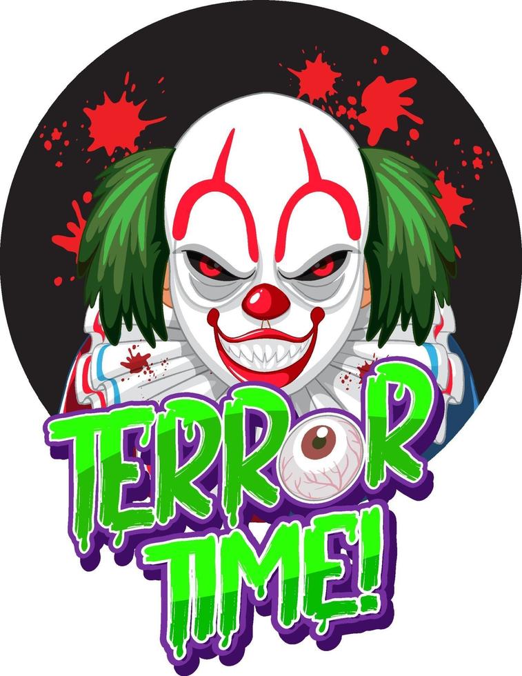 diseño de texto de tiempo de terror con payaso espeluznante vector