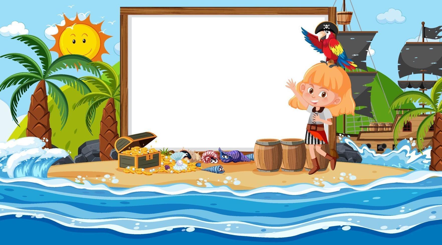 Empty banner template with pirate girl at the beach daytime scene vector