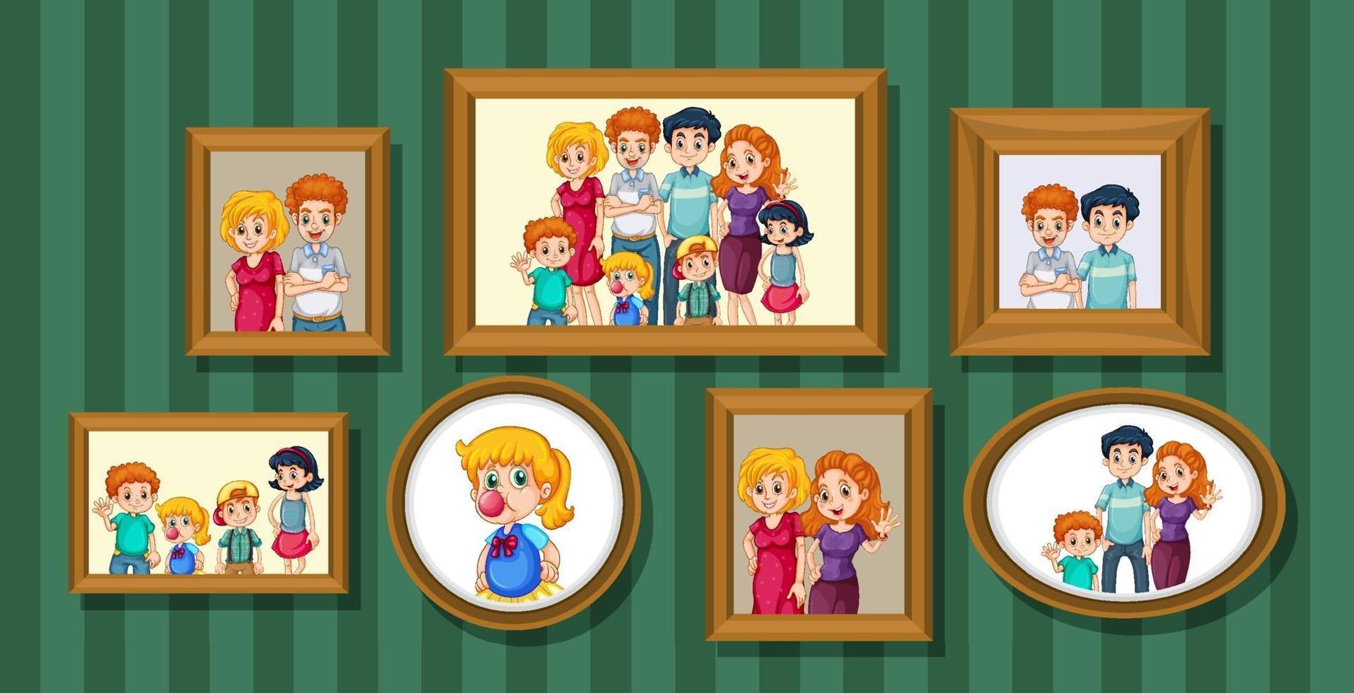 conjunto de foto de familia feliz en el marco de madera vector