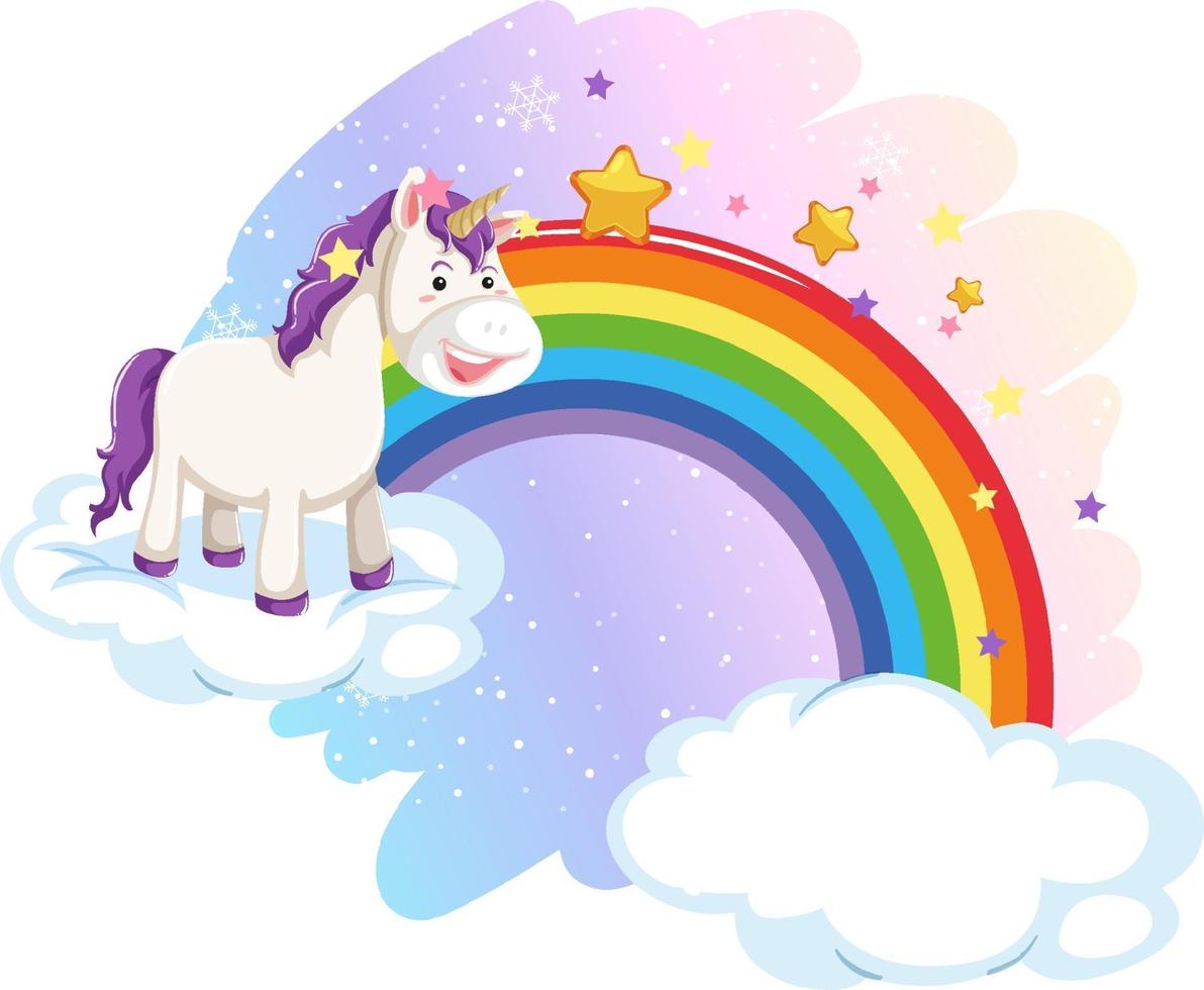 lindo unicornio en el cielo pastel con arcoiris vector