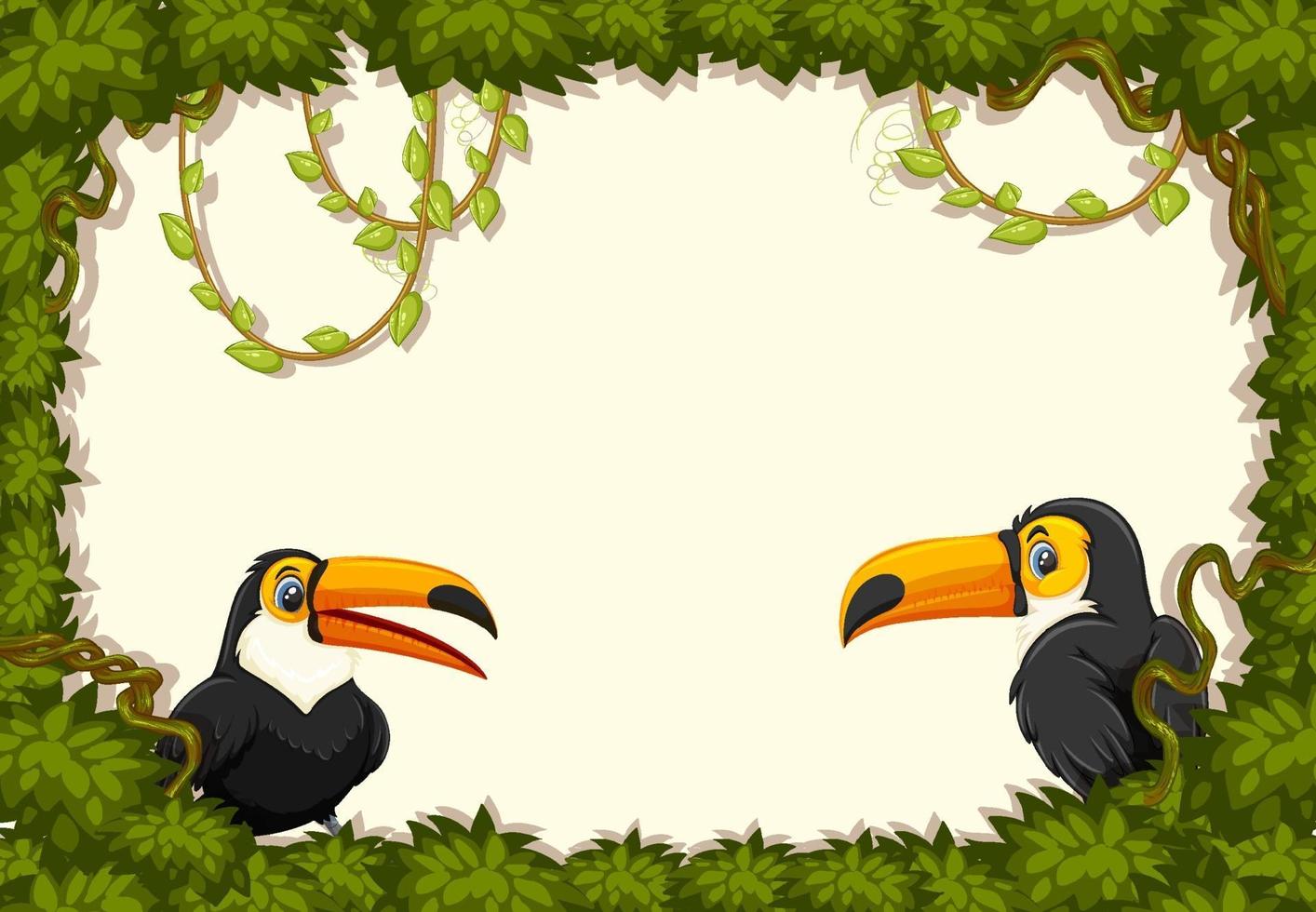 Empty banner with leaves frame and toucan cartoon character vector