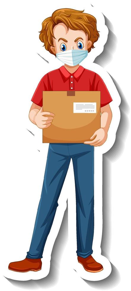 A sticker template with delivery man in uniform holding boxes vector