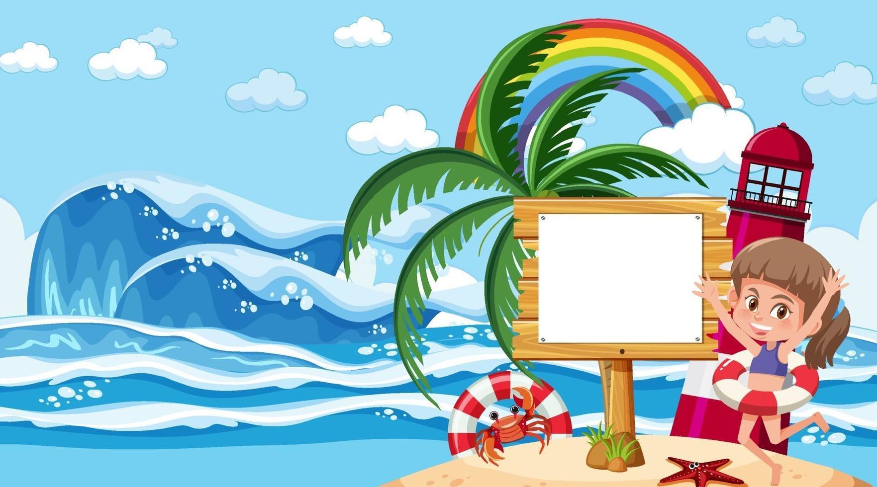 Plantilla de banner vacío con niños de vacaciones en la escena diurna de la playa vector