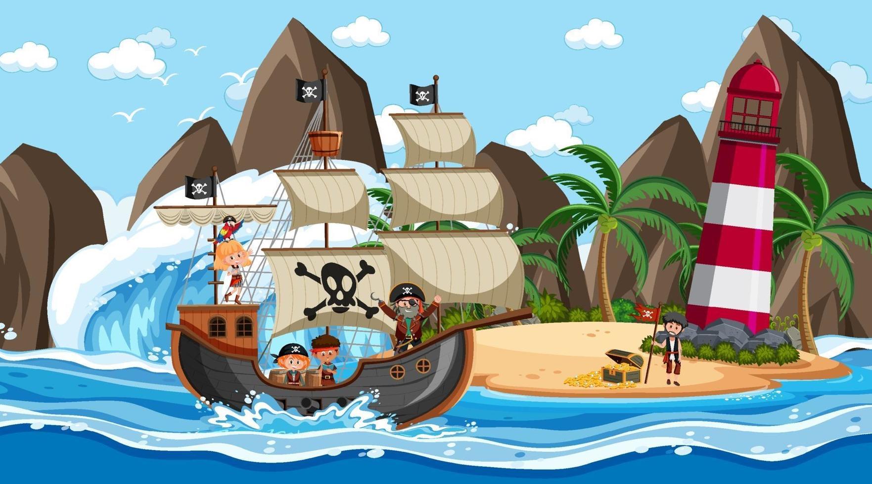 playa con barco pirata en la escena diurna en estilo de dibujos animados vector