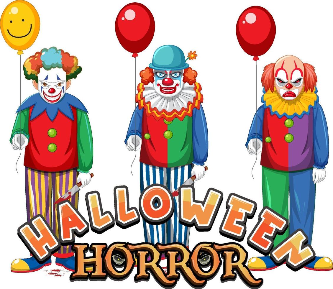 Halloween Horror text design with creepy clowns vector