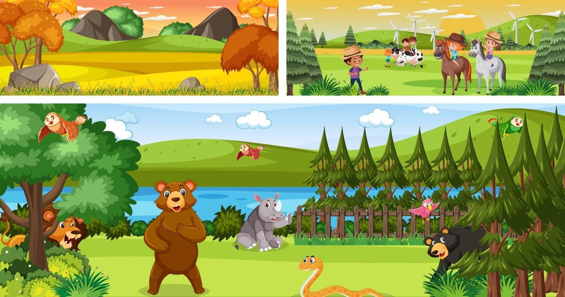 Set of outdoor panoramic landscape with cartoon character vector