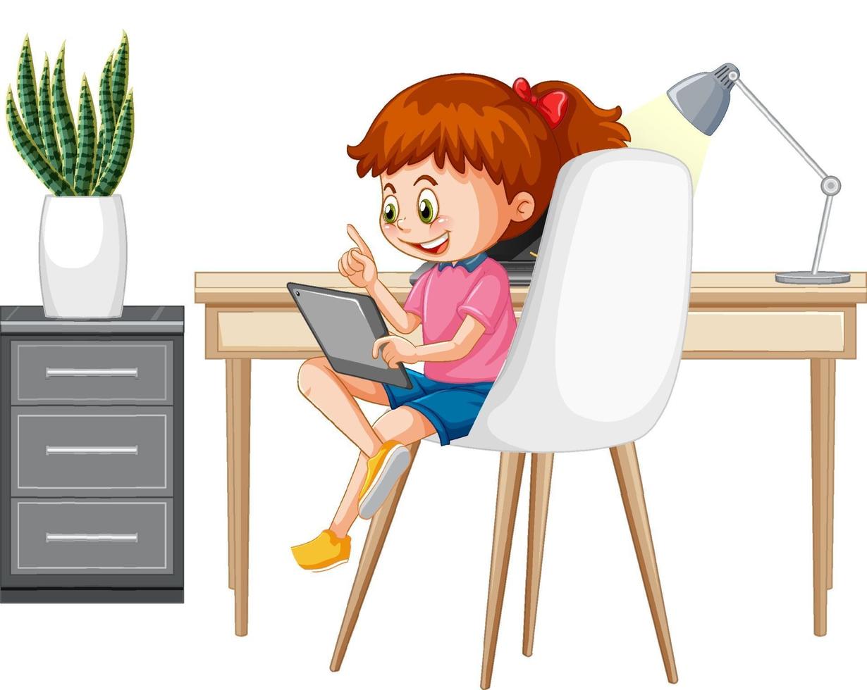 Girl learning from home on electronic device vector