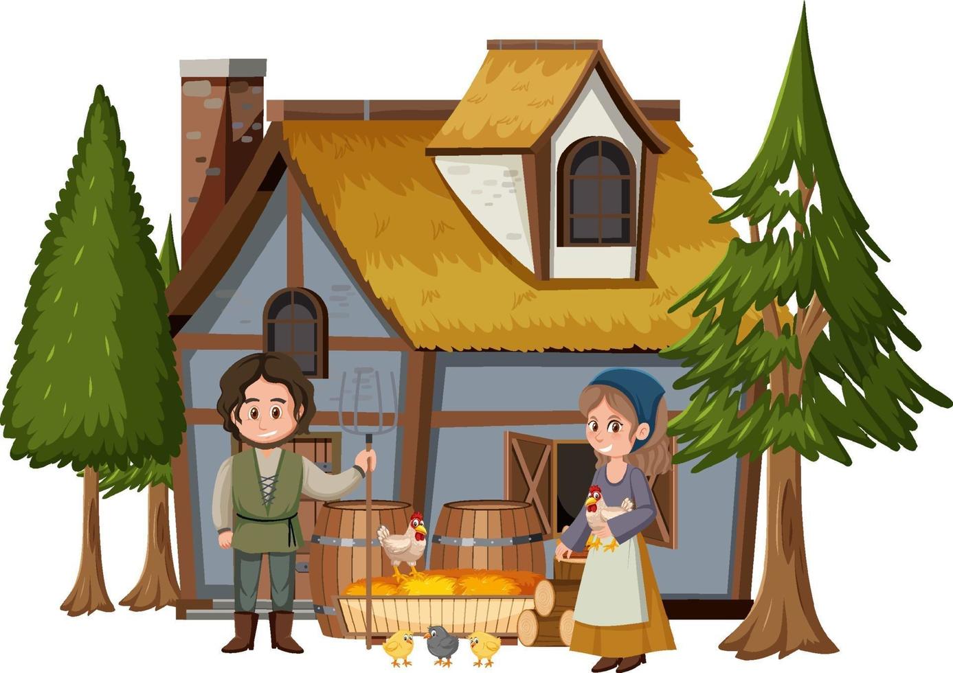 Medieval house with villagers vector