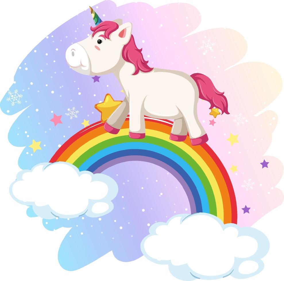 lindo unicornio en el cielo pastel con arcoiris vector