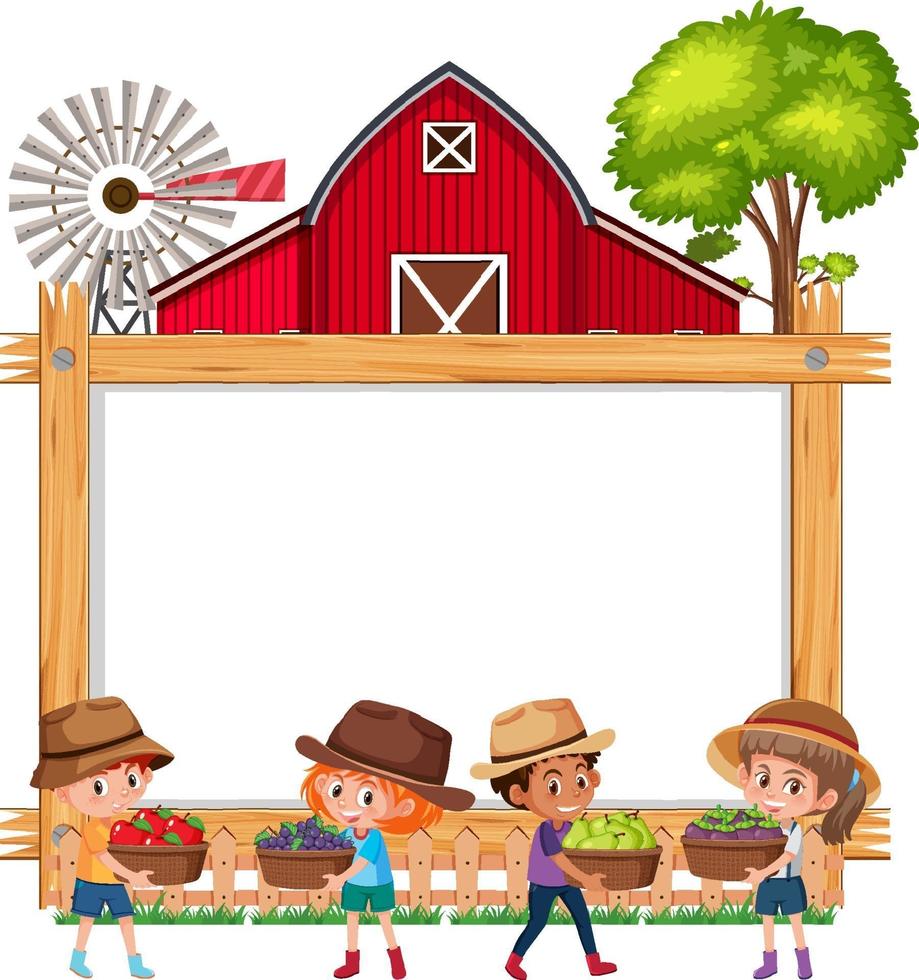 Empty wooden frame with children and red barn vector