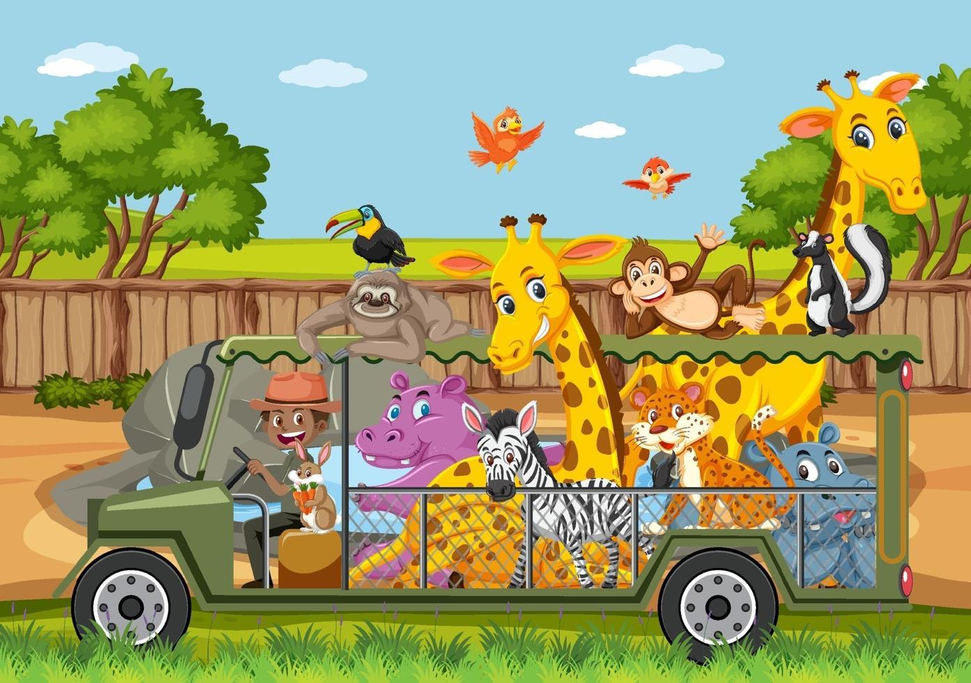 Zoo scene with happy animals in the cage car vector