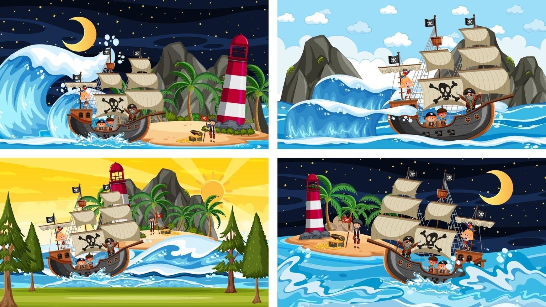 Diferentes escenas de playa con barco pirata y personaje de dibujos animados pirata. vector