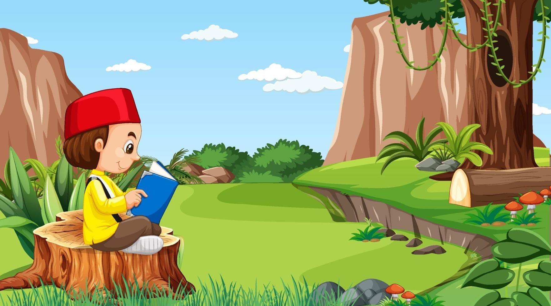 Brunei boy reading a book in the forest scene vector