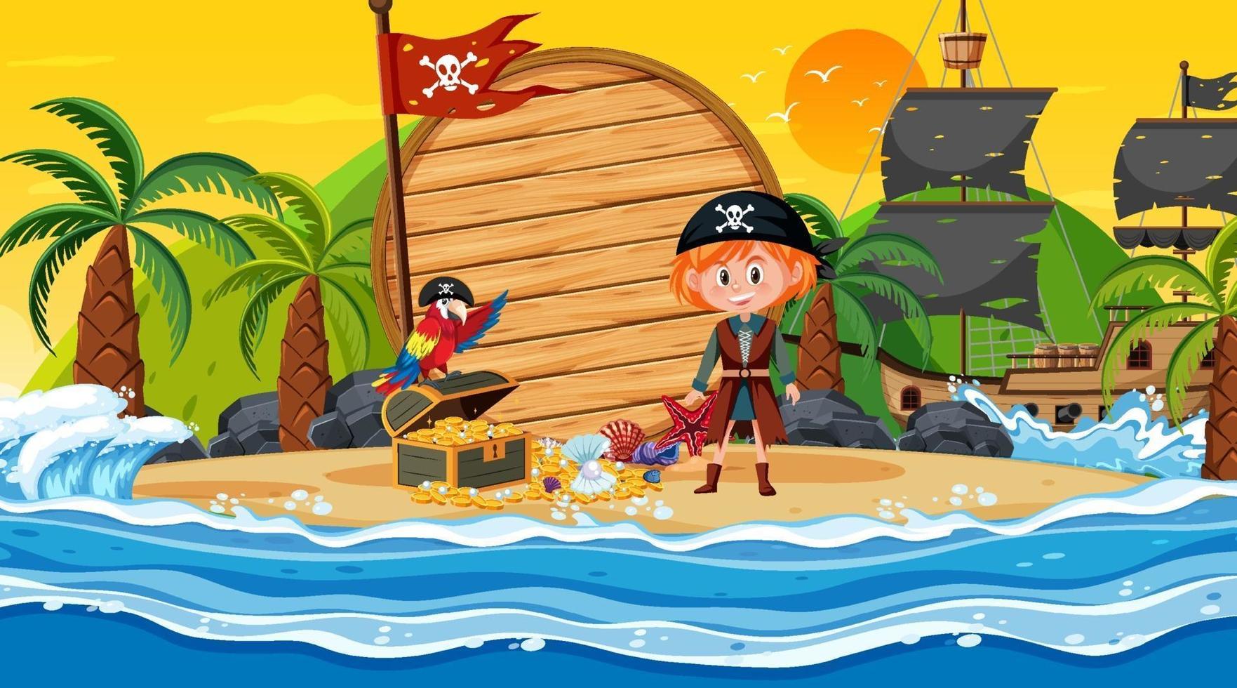 Empty banner template with pirate girl at the beach sunset scene vector