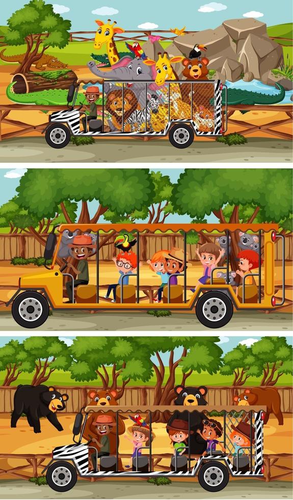 Different safari scenes with animals and kids cartoon character vector