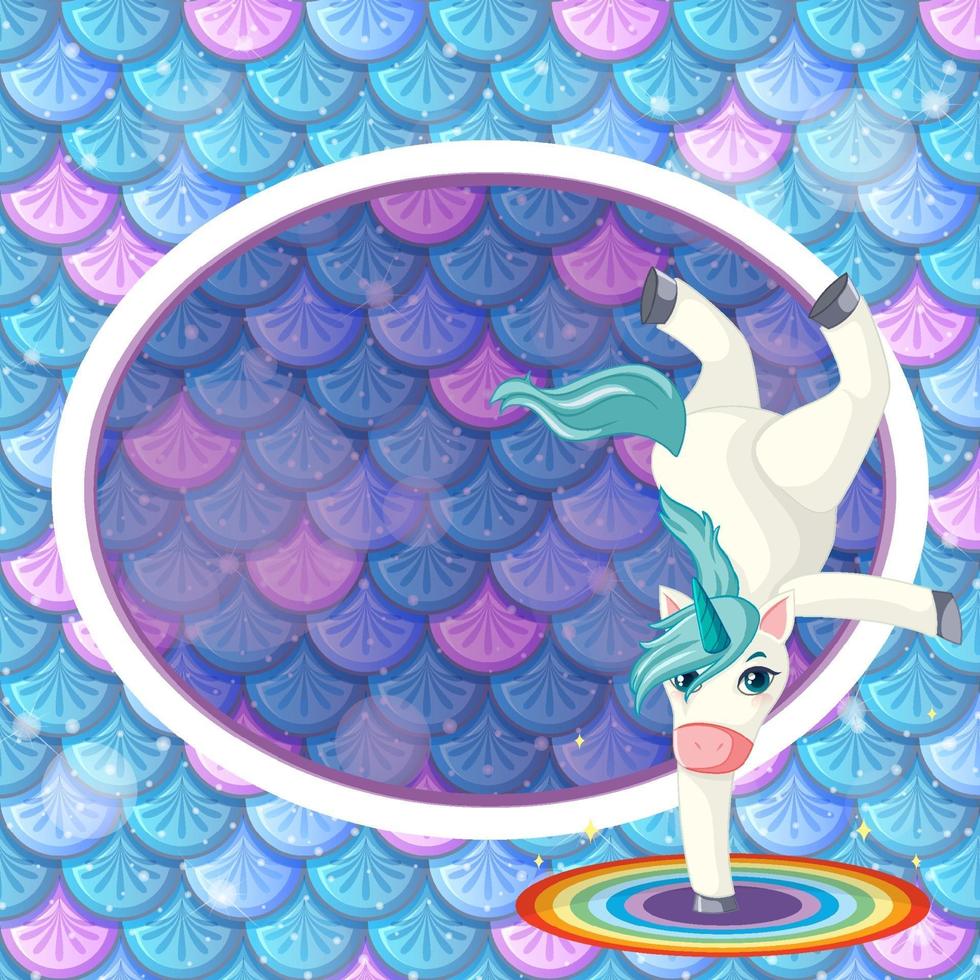 Round frame unicorn on rainbow fish scales background vector