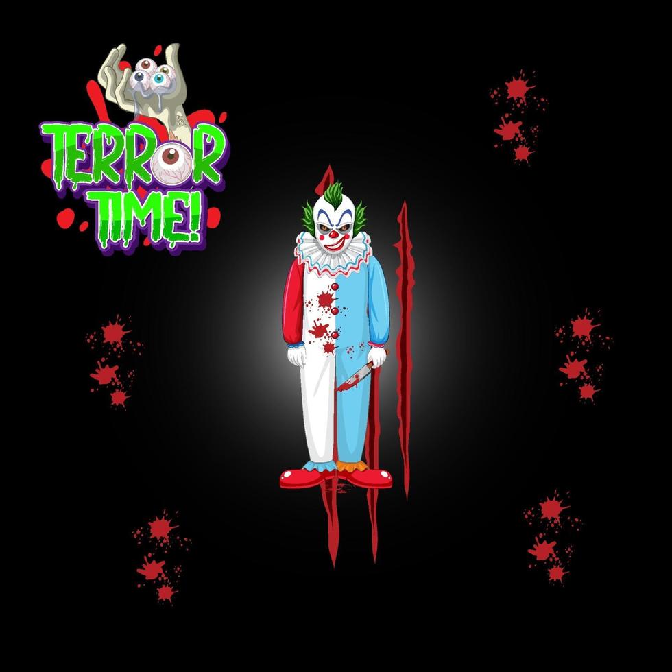 logo de palabra de tiempo de terror con payaso espeluznante vector