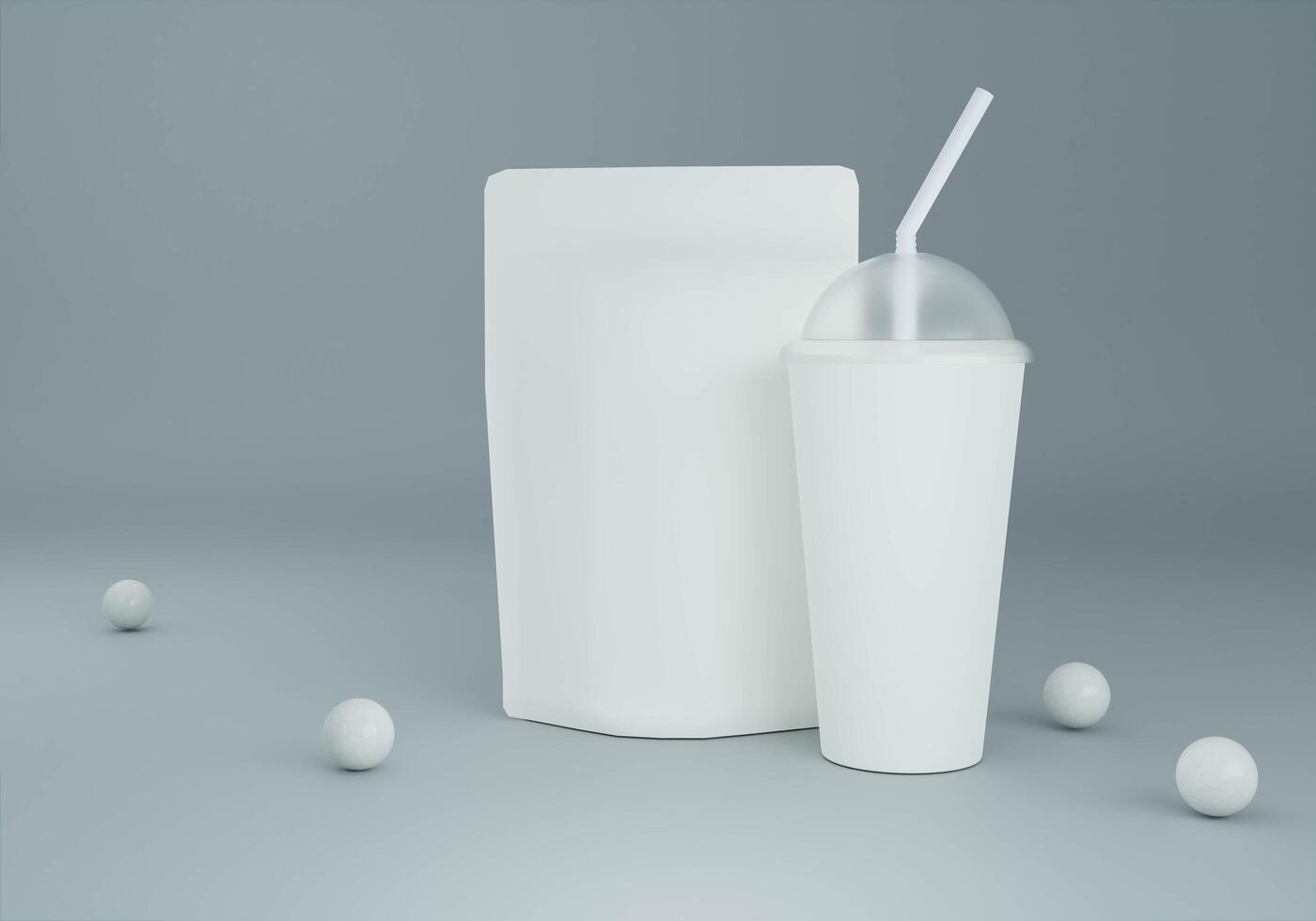 Plastic mug with white paper bag on blue background photo