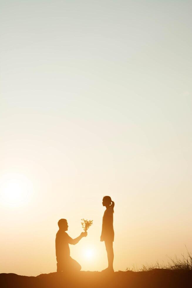 silueta, de, hombre arrodillado, para, matrimonio, con, el suyo, novia, en, ocaso foto