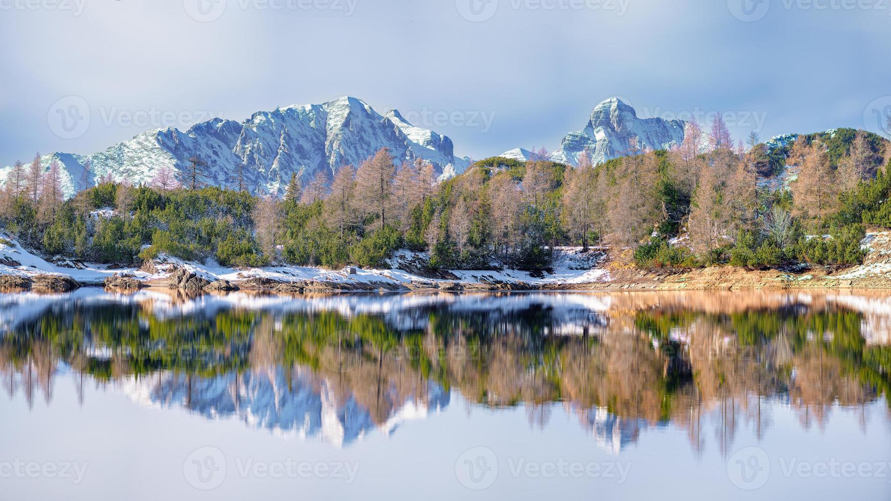 Panorámica de un lago de montaña que refleja las montañas. foto