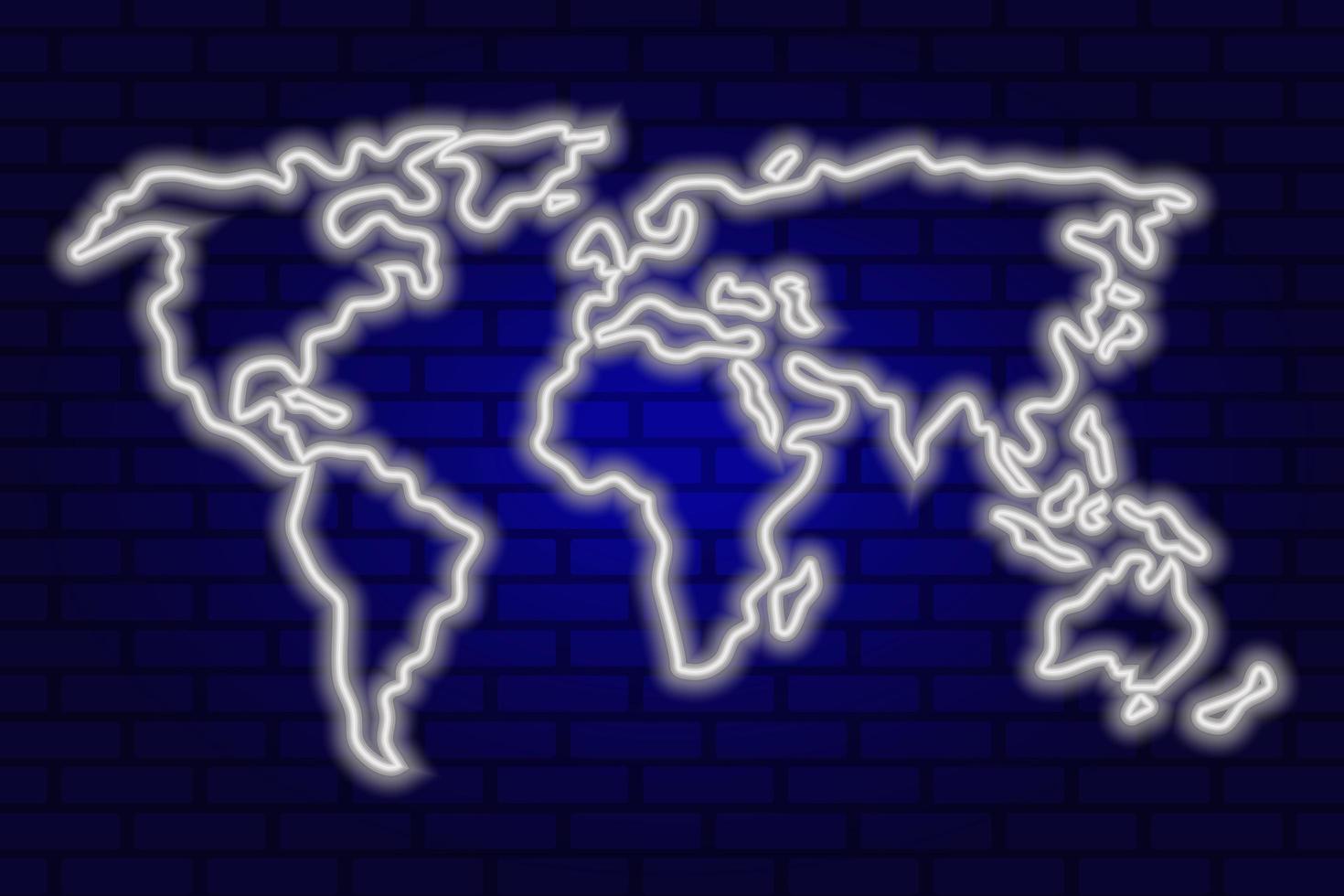 Glowing neon white world map on brick wall background photo