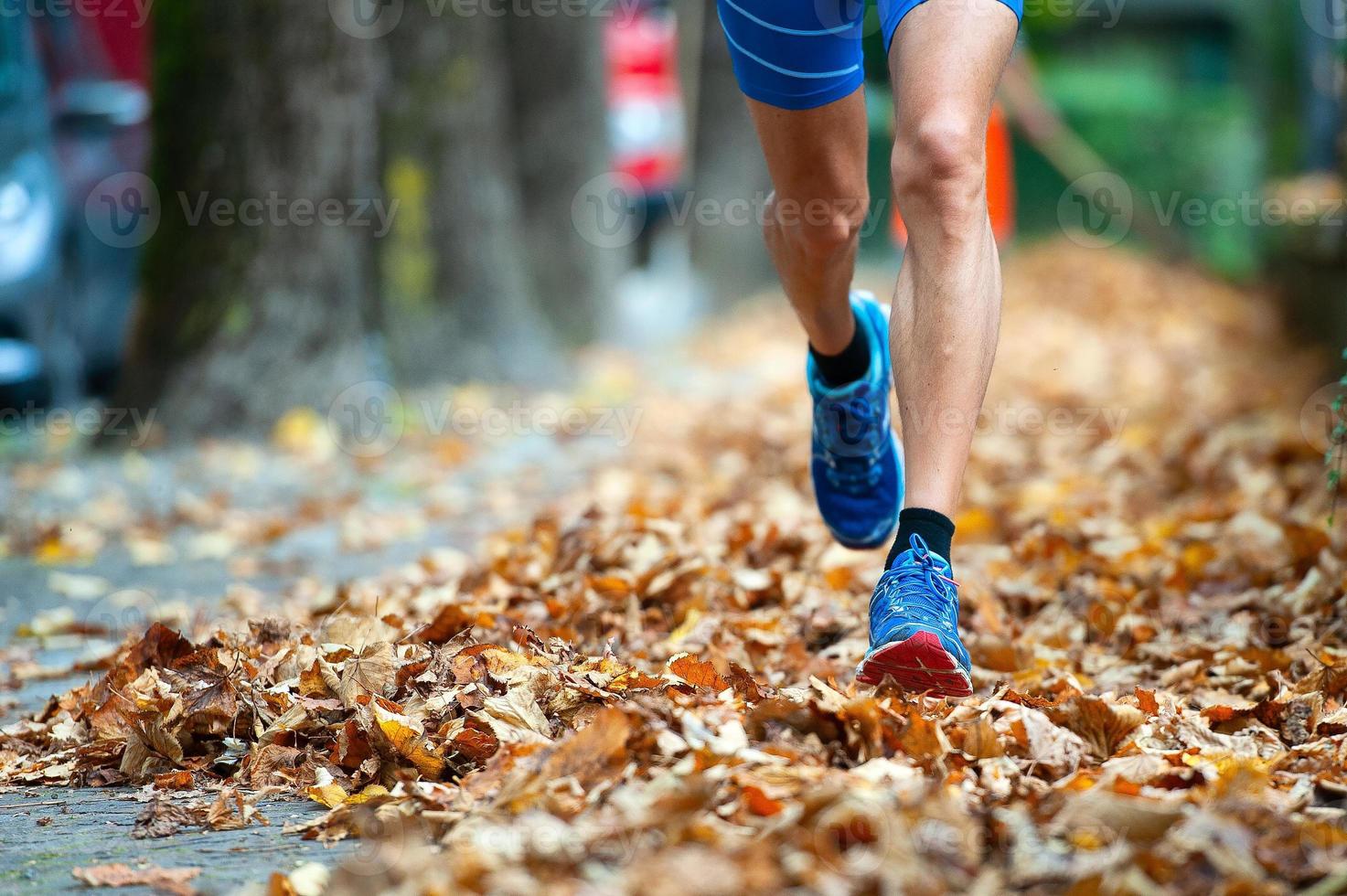 Detalle de zapatos de corredor entre las hojas. foto