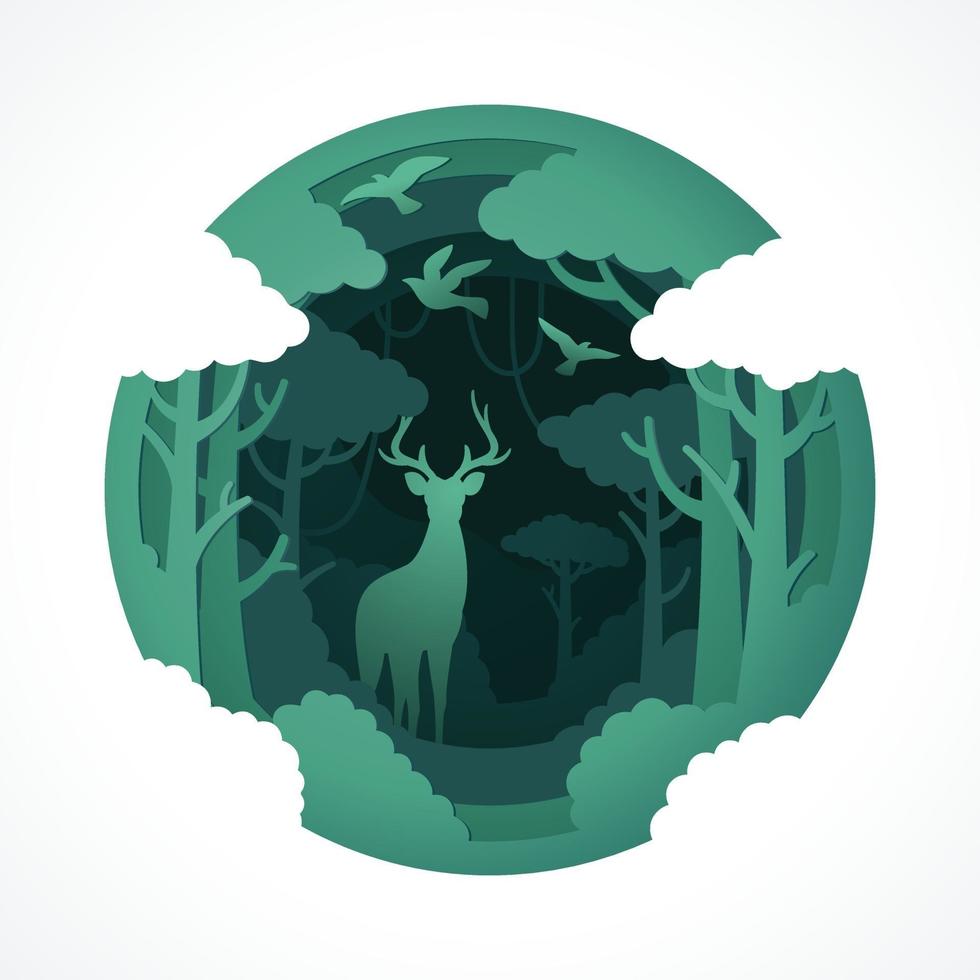 Deer wildlife with vector papercut style of green eco forest