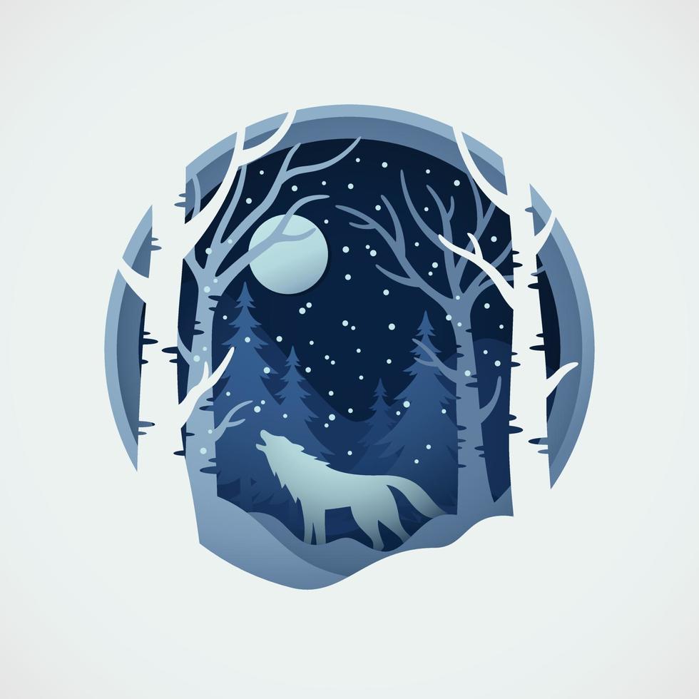 Wolf wildlife with vector papercut style of winter