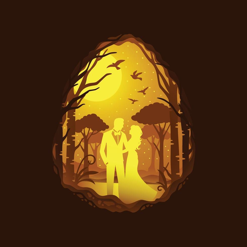 Couple wedding  with vector papercut style of green eco forest