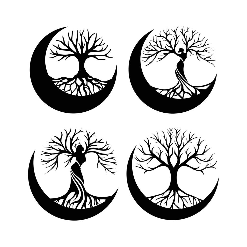 Set of tree of life crescent moon decoration element vector