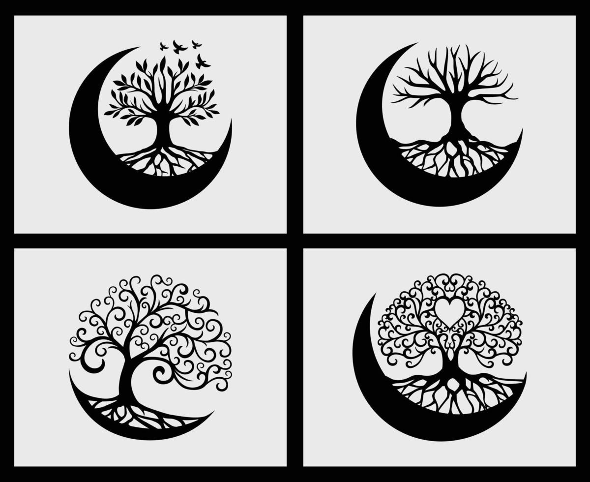 Set of tree of life crescent moon decoration element vector