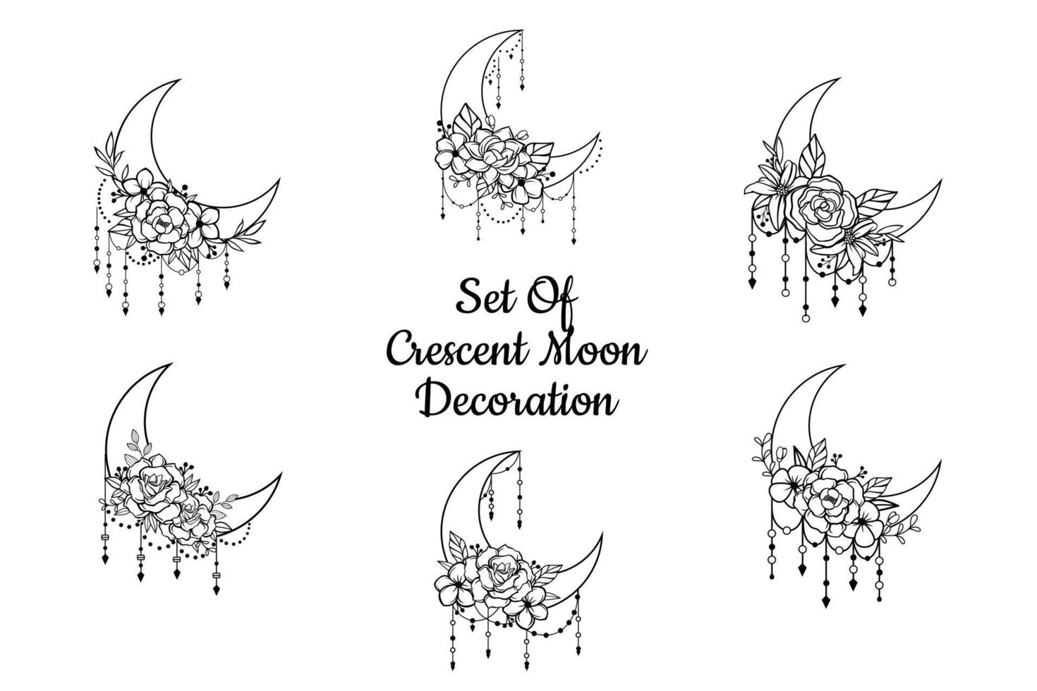 estilo floral de la luna creciente, colección de elementos de decoración lunar vector