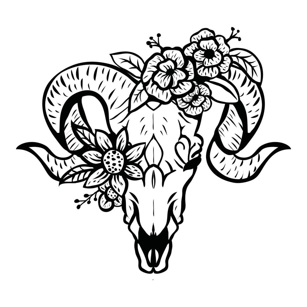 animal goat skull head with floral design vector